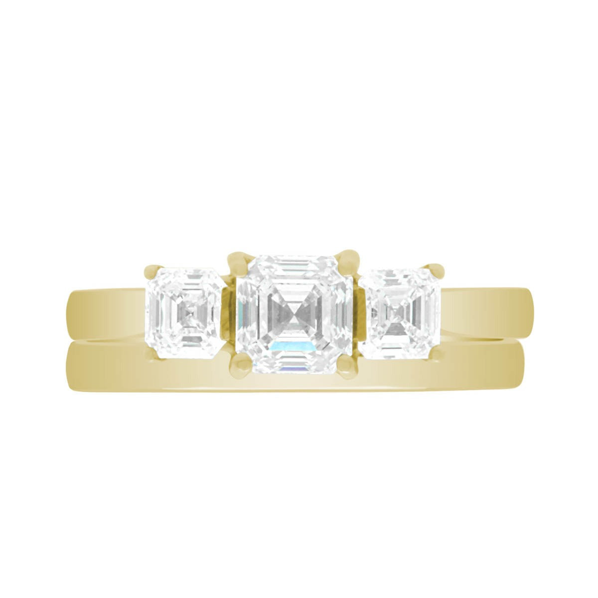 Three Stone Asscher Cut made in yellow gold with a plain wedding ring