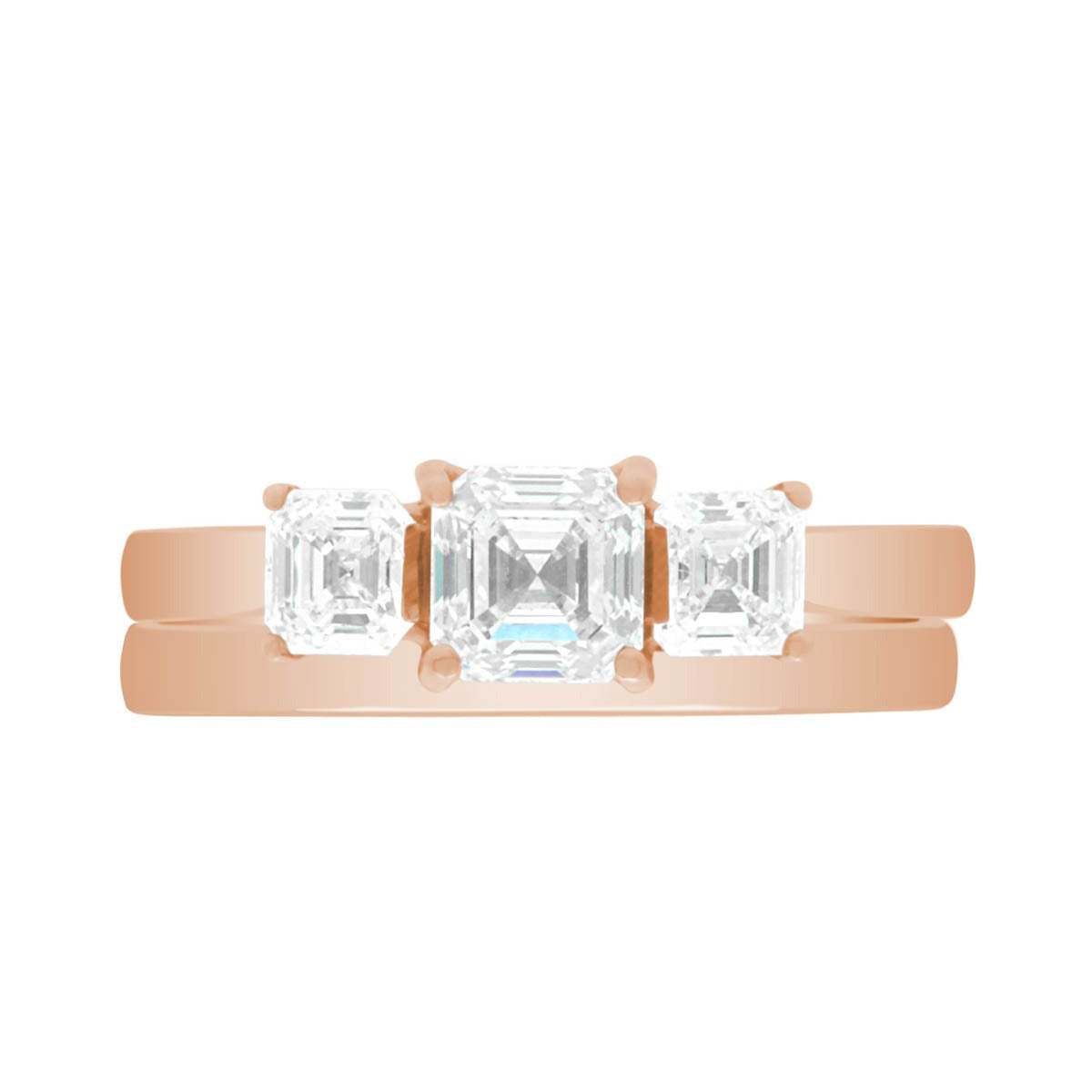 Three Stone Asscher Cut made in rose gold with a rose gold wedding ring