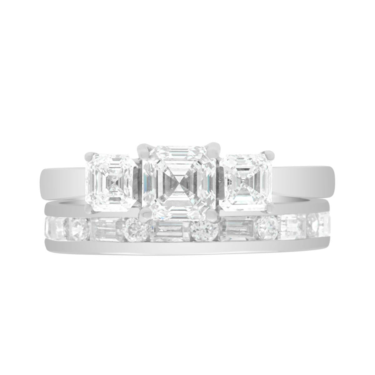 Three Stone Asscher Cut made in white gold with a matching diamond wedding ring