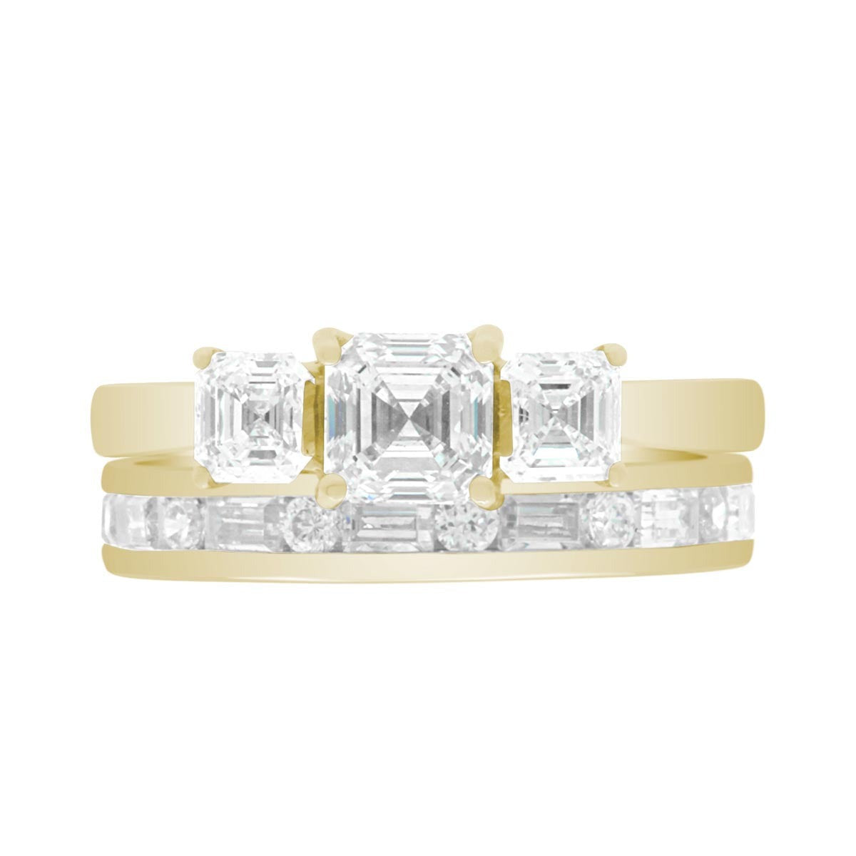 Three Stone Asscher Cut made in yellow gold with a diamond wedding ring