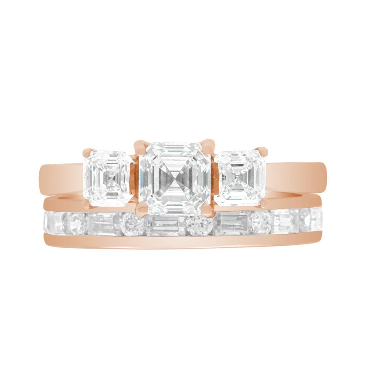 Three Stone Asscher Cut made in rose gold with a diamond wedding ring