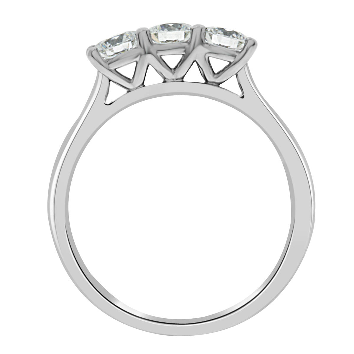 Three Stone Engagement Ring made of white gold in an upright position