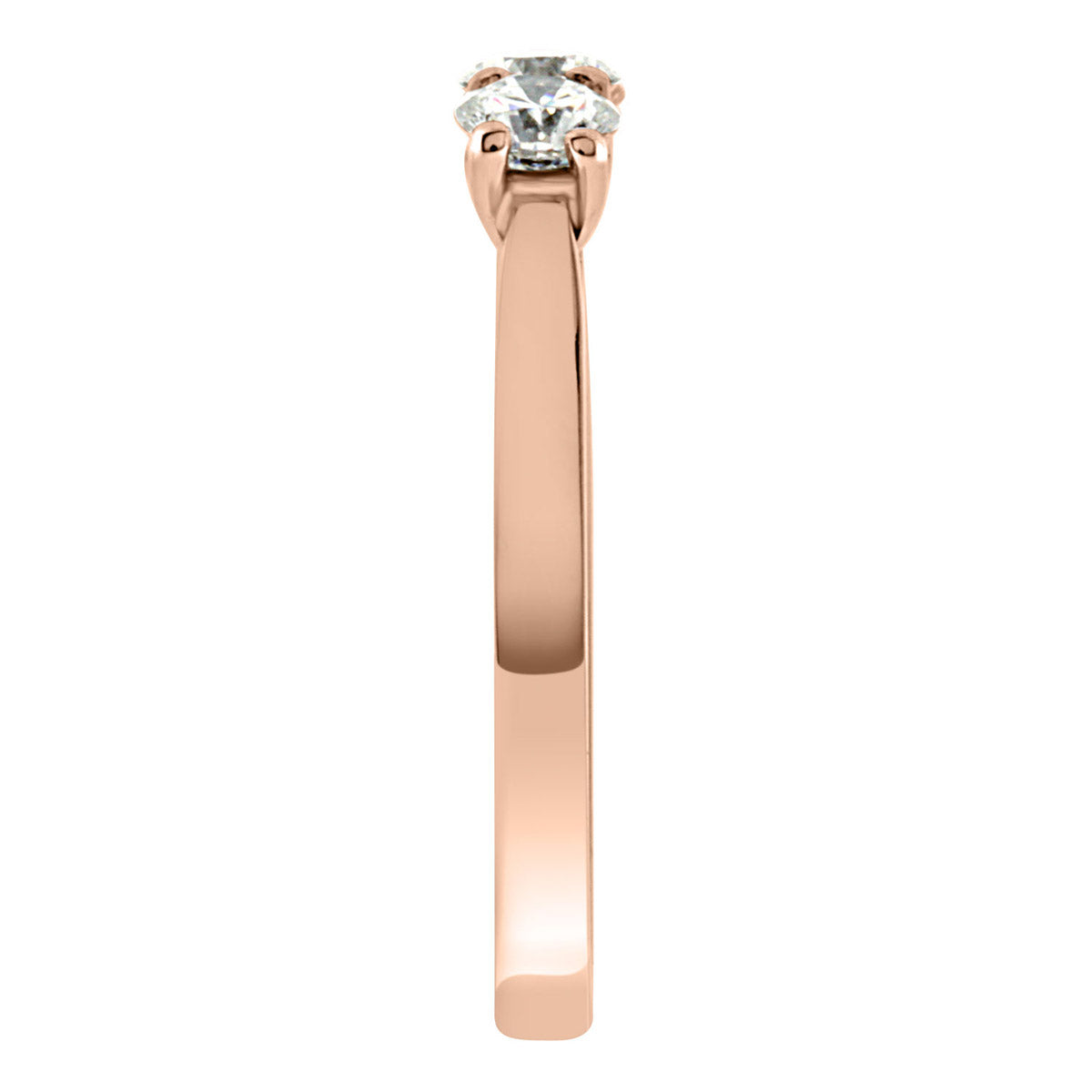 Three Stone Engagement Ring made of rose gold from an end view