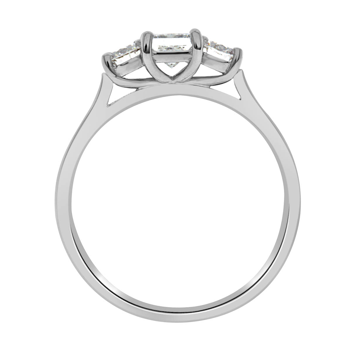 Three Stone Princess Cut Diamond Ring made from platinum standing upright