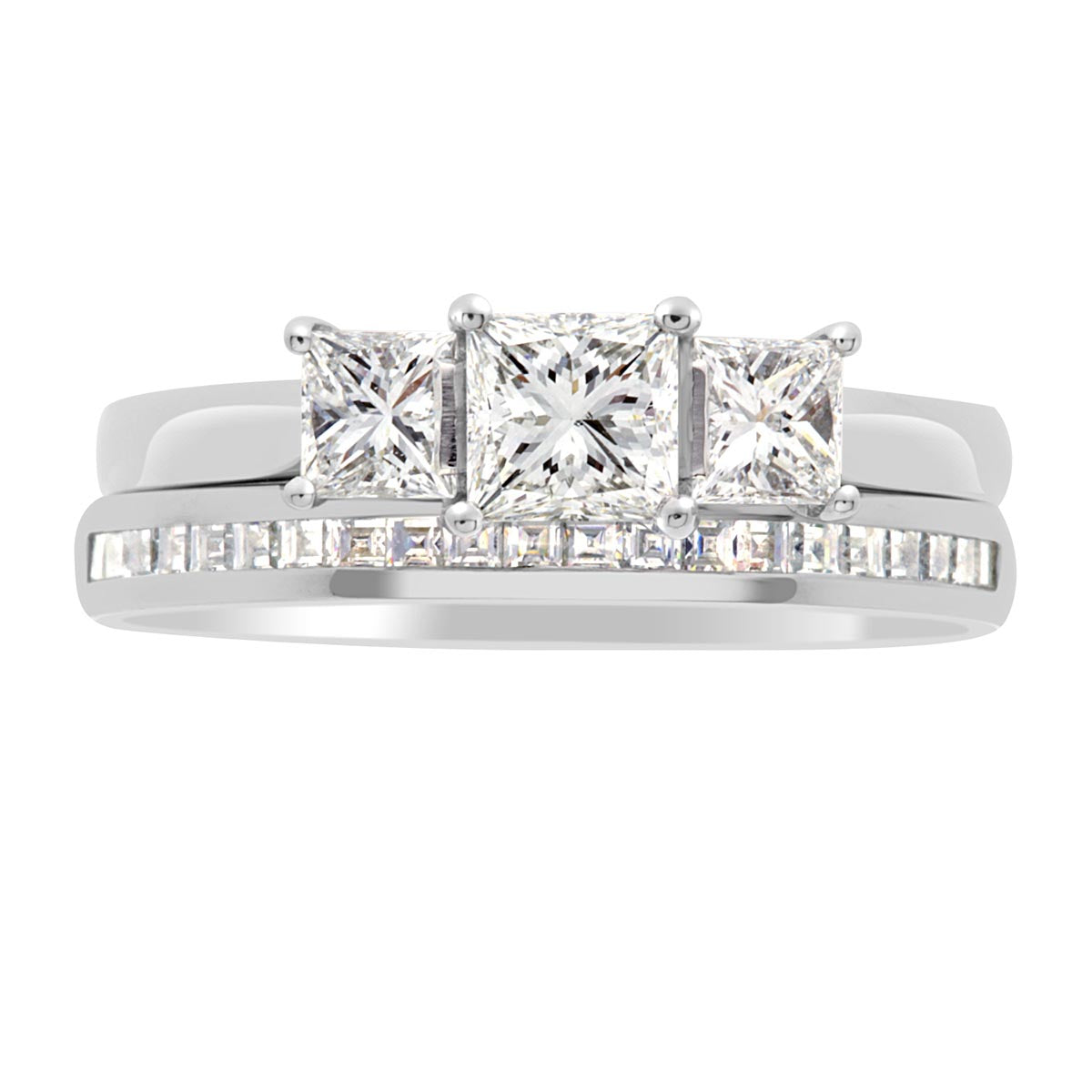 Three Stone Princess Cut Diamond Ring made from platinum in a diamond wedding ring