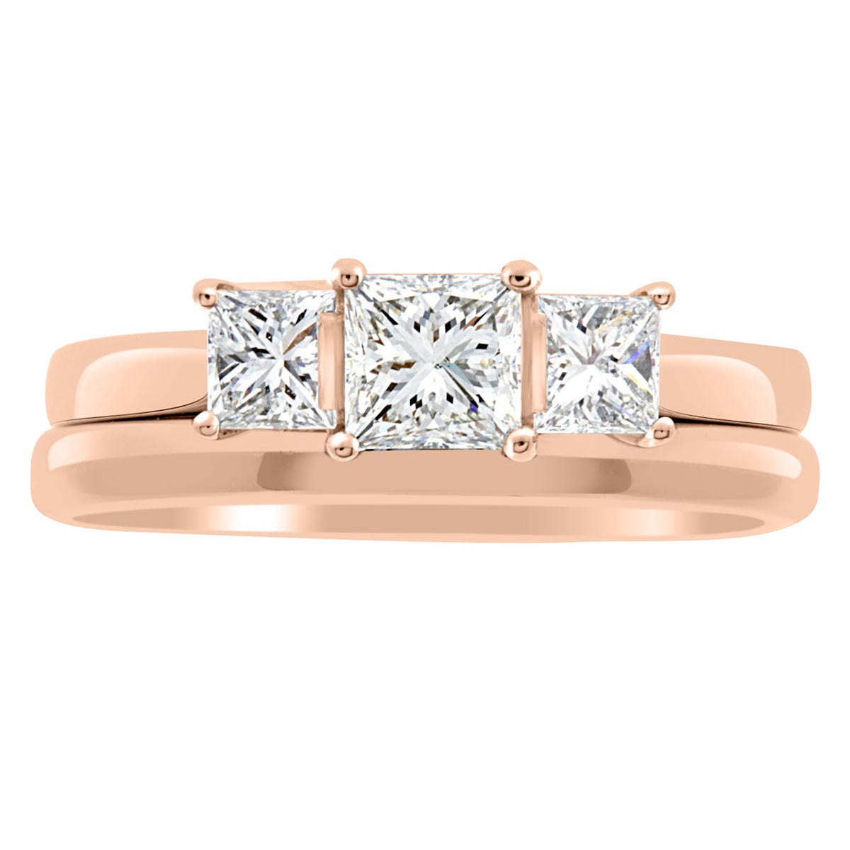 Three Stone Princess Cut Diamond Ring made from rose gold with a matching plain wedding ring