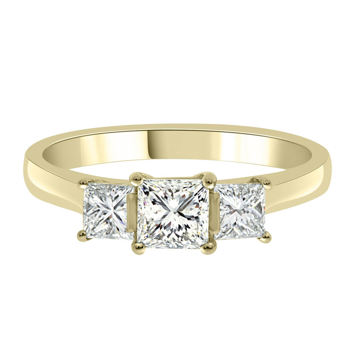 Three Stone Princess Cut Diamond Ring made from yellow gold