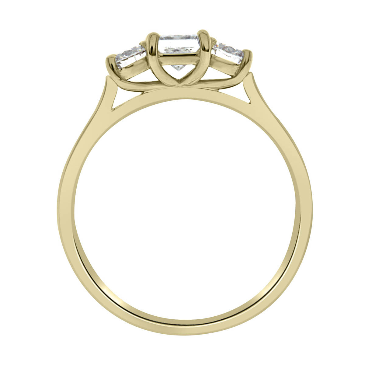 Three Stone Princess Cut Diamond Ring made from yellow gold standing upright