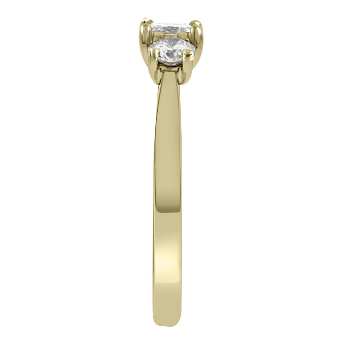 Three Stone Princess Cut Diamond Ring made from yellow gold in upright end view