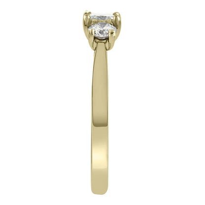 Three Stone Princess Cut Diamond Ring made from yellow gold in upright end view