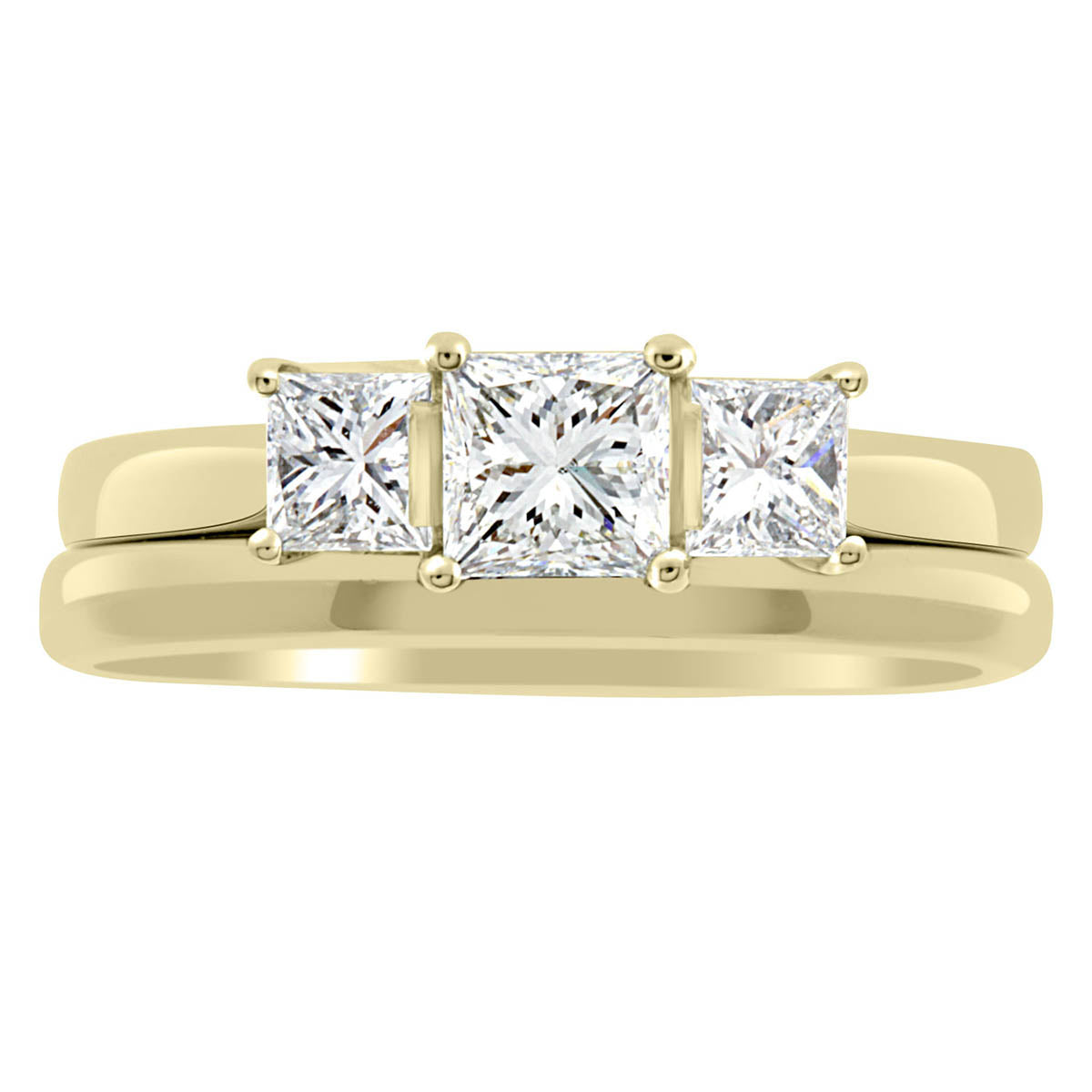 Three Stone Princess Cut Diamond Ring made from yellow gold with a matching wedding ring