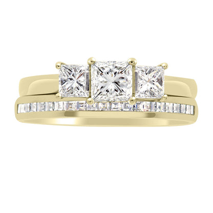 Three Stone Princess Cut Diamond Ring made from yellow gold with a matching diamond wedding ring