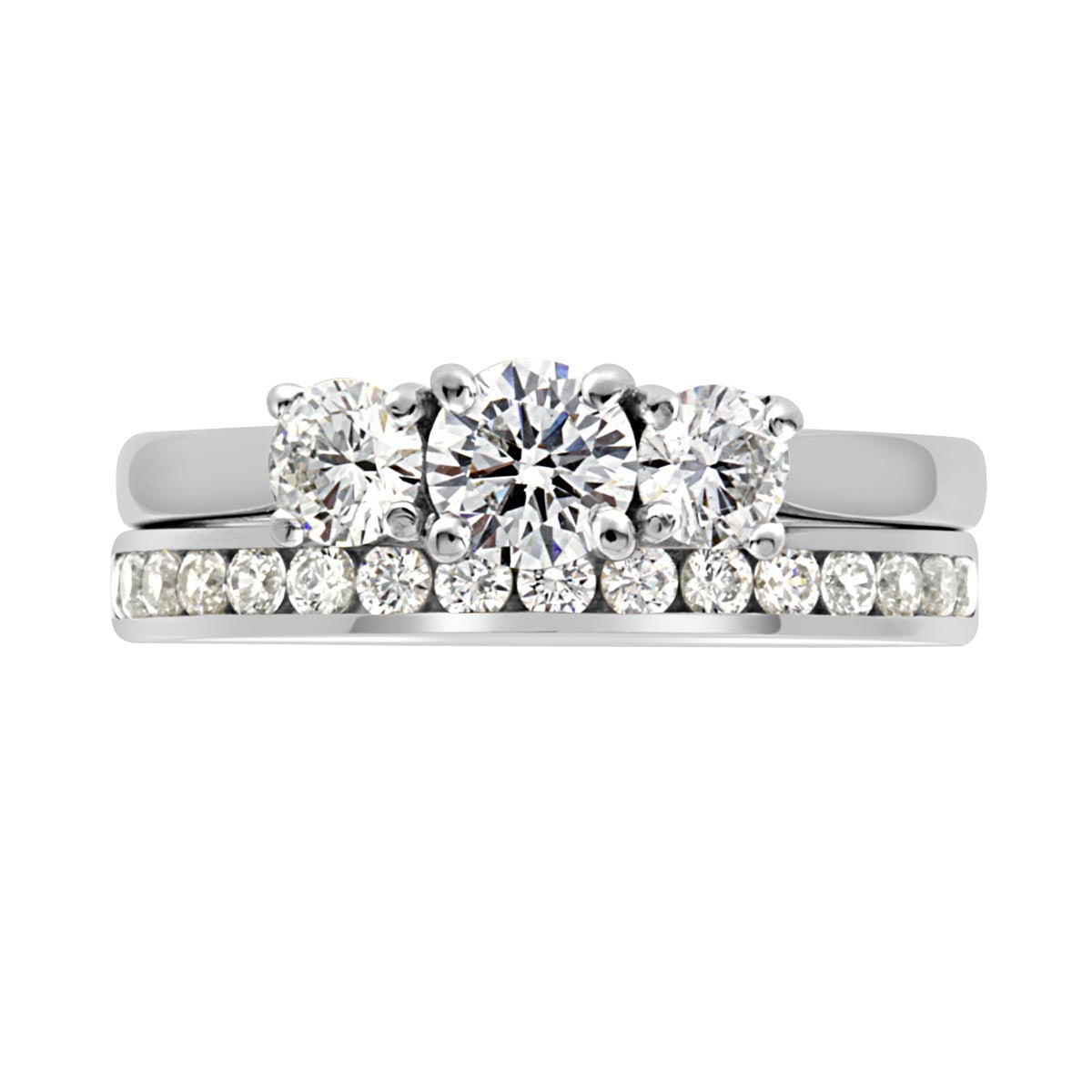 Round Cut Diamond Trilogy Engagement Ring with Platinum Pave Set Band - 'Helen'