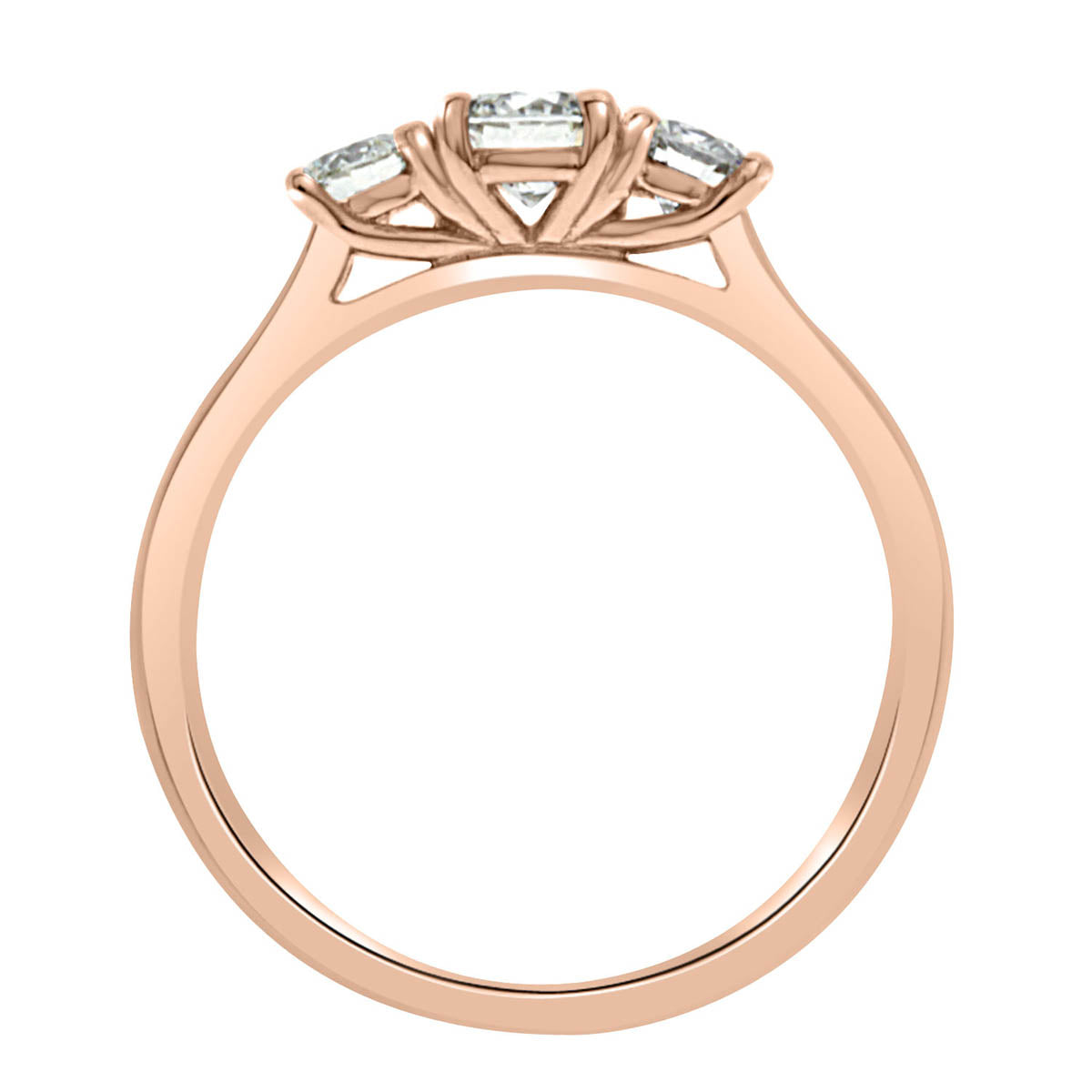 Trilogy Engagement Ring made in rose gold standing upright