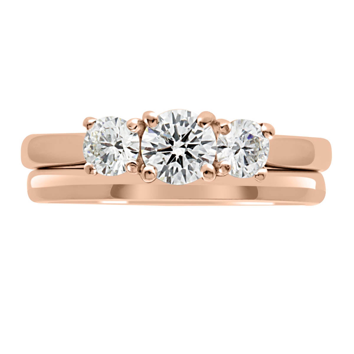 Trilogy Engagement Ring made in rose gold with plain wedding ring