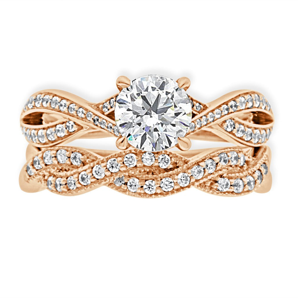 Round Cut Diamond Engagement Ring with Rose Gold Pave Twisted Band - 'Betsy'