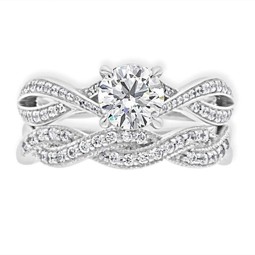 Round Cut Diamond Engagement Ring with White Gold Pave Twisted Band - 'Betsy'