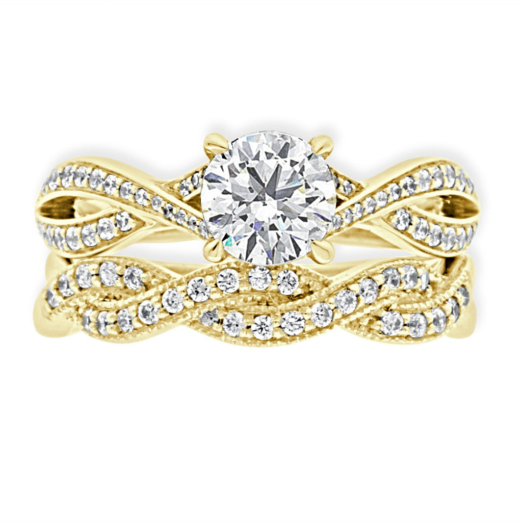 Round Cut Diamond Engagement Ring with Yellow Gold Pave Twisted Band - 'Betsy'