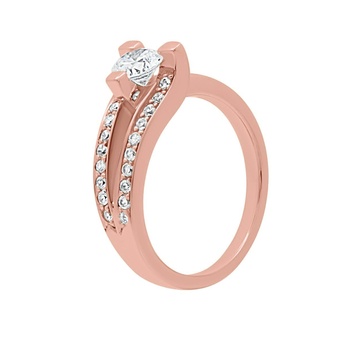 Unusual Diamond Engagement Ring Set in rose Gold in an upright angled position