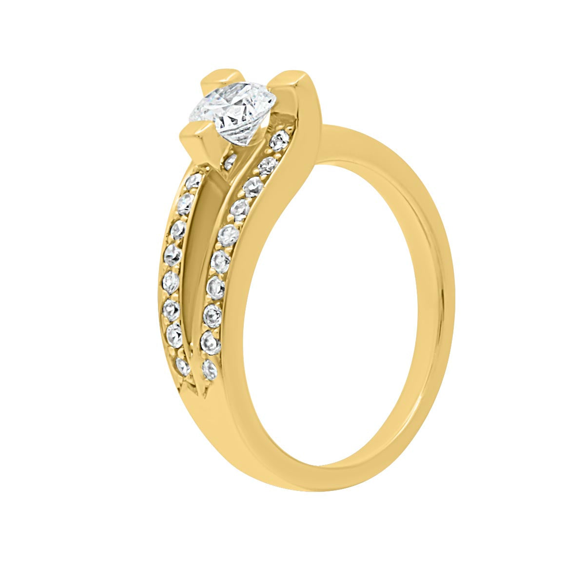 Unusual Diamond Engagement Ring Set in yellow Gold viewed from a angled view