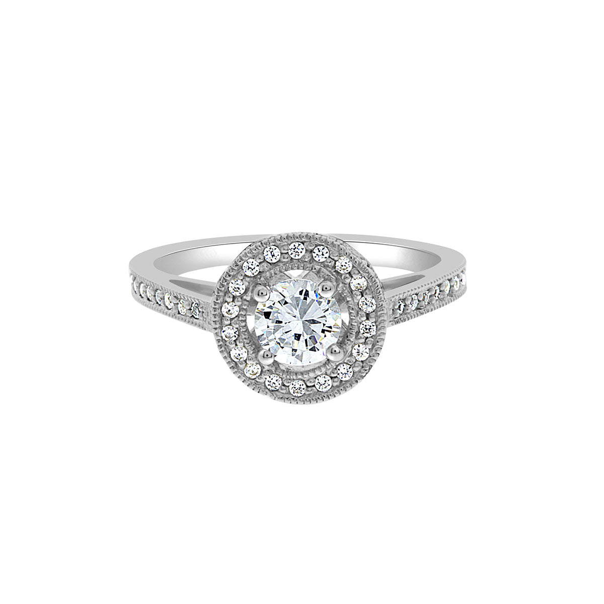 Round Cut Halo Diamond Vintage Engagement Ring with Platinum Set Band - 'Stephanie'