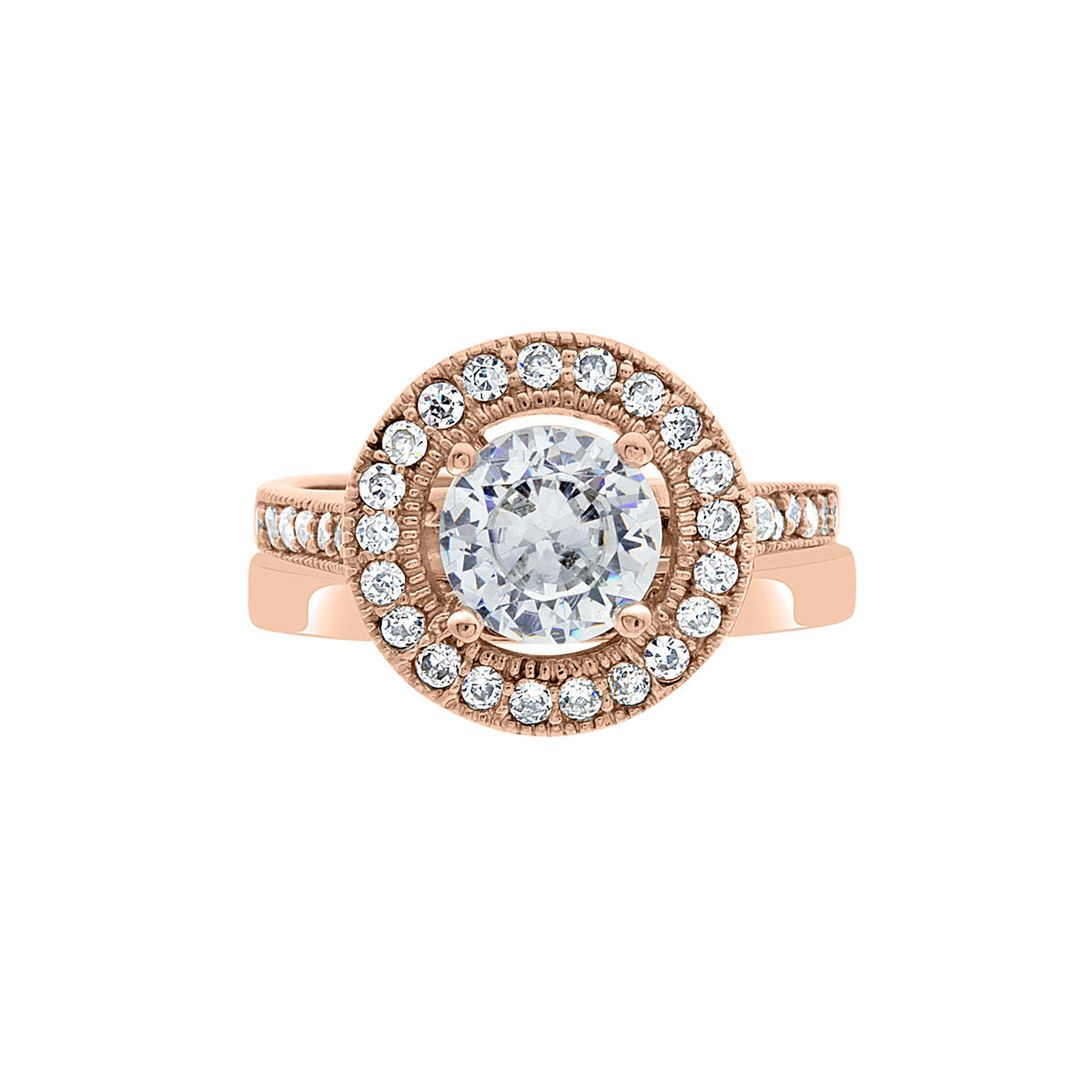 Vintage Style Ring in rose gold Gold laying horizontal with a matching plain rose gold wedding ring