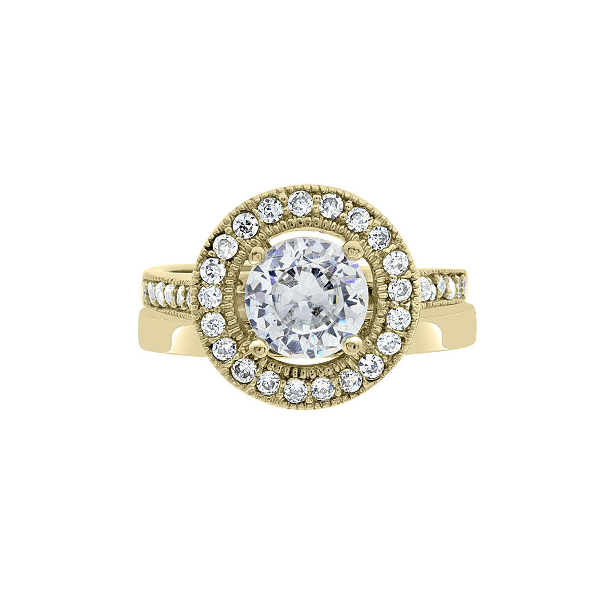 Vintage Style Ring in yellow gold Gold laying horizontal, with a matching plain wedding ring