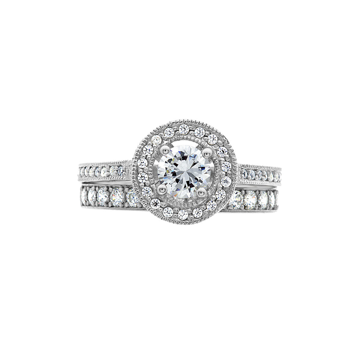 Round Cut Halo Diamond Vintage Engagement Ring with Platinum Set Band - 'Stephanie'