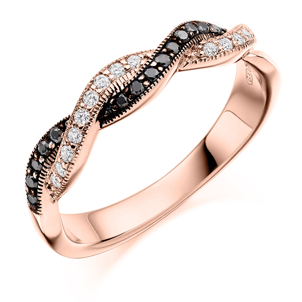 White And Black Diamond Eternity Ring With A Twist set in rose gold