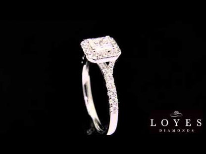 video of Princess Cut Diamond Halo Ring in white gold with a black background