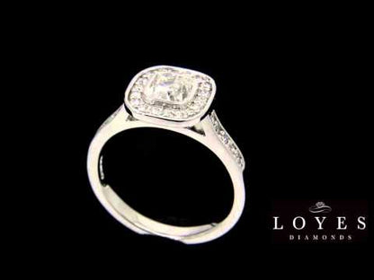Cushion Cut Diamond Antique Diamond Ring in whit egold rotating with black background