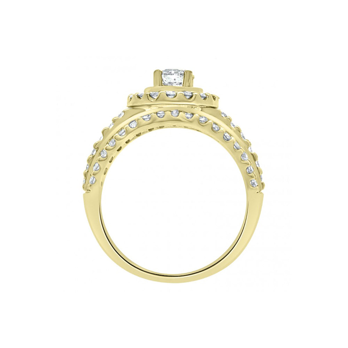 Three Band Engagement Ring in yellow gold in an upright vertical position