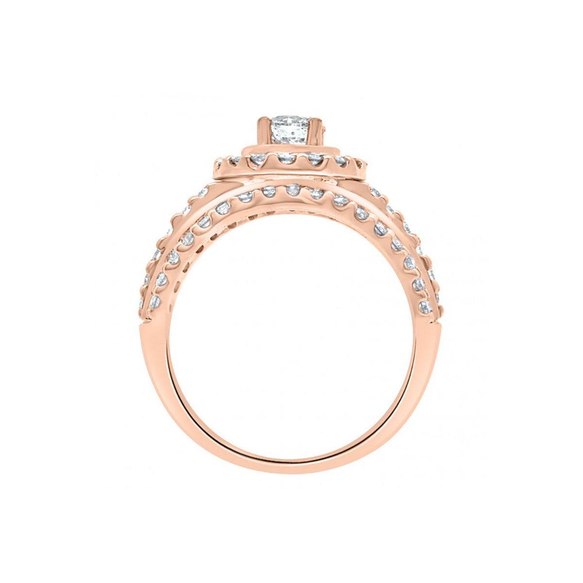 Three Band Engagement Ring in rose gold in a vertical position