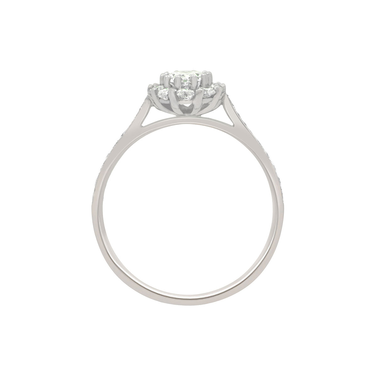 Cluster Engagement Ring with diamond shoulders in white gold viewed standing upright