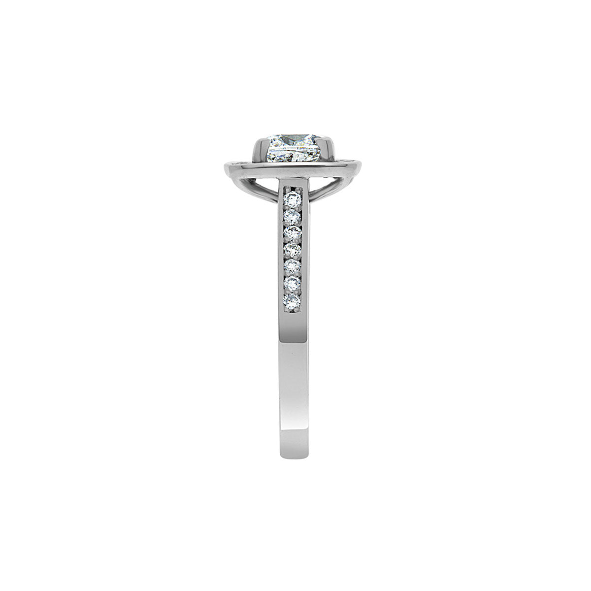 Cushion Cut Diamond Ring in white gold upright and viewed from the side