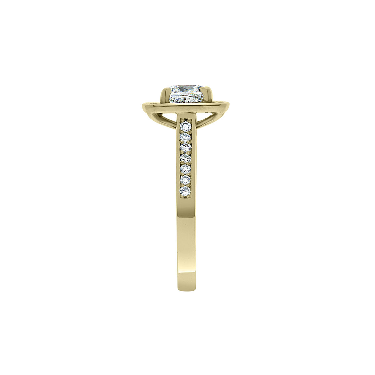 Cushion Cut Diamond Ring in yellow gold viewed from a side angle