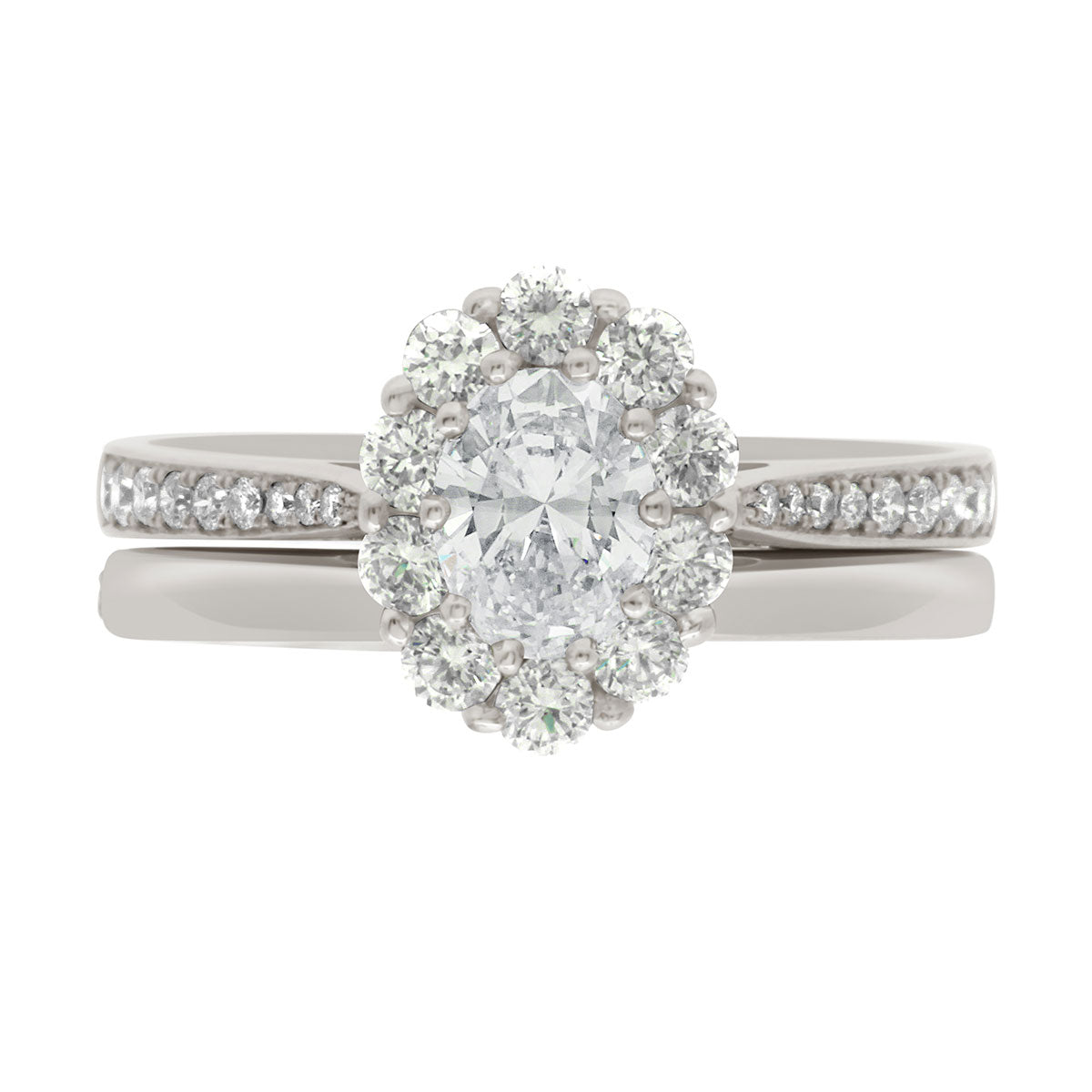 Cluster Engagement Ring with diamond shoulders in white gold with a matching solid white gold wedding ring