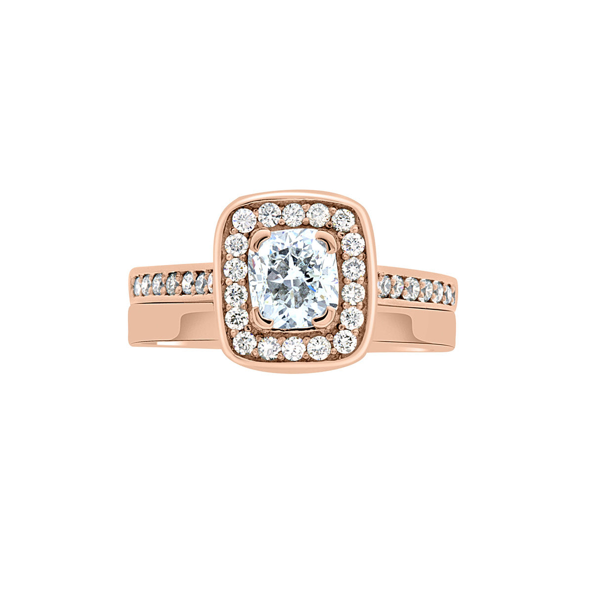 Cushion Cut Diamond Ring in rose gold with a matching rose gold wedding band