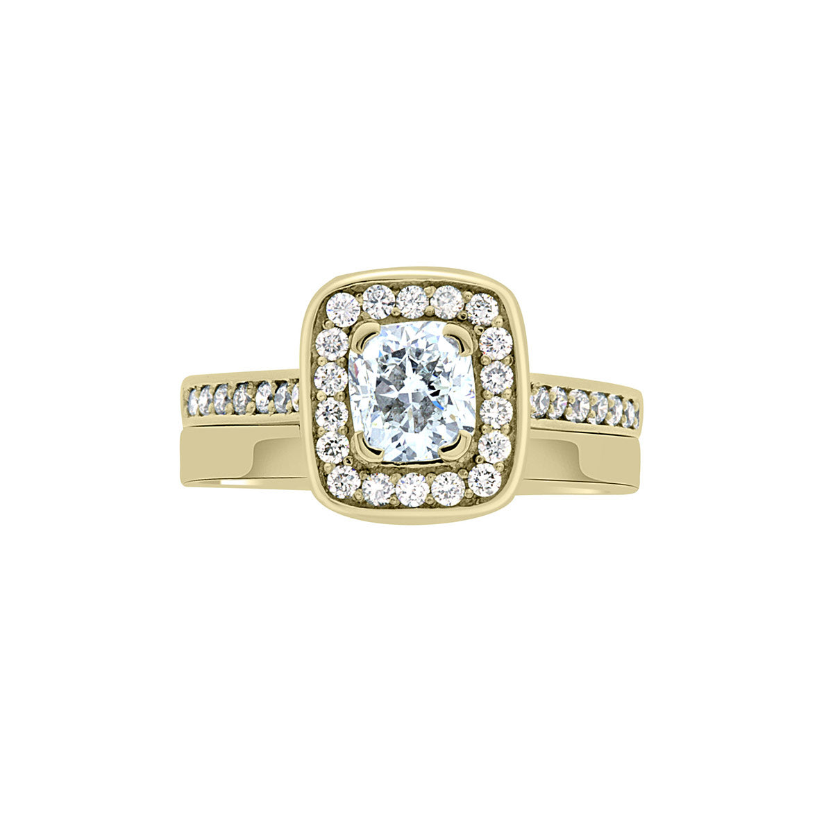 Cushion Cut Diamond Ring in yellow gold with a matching plain gold wedding ring