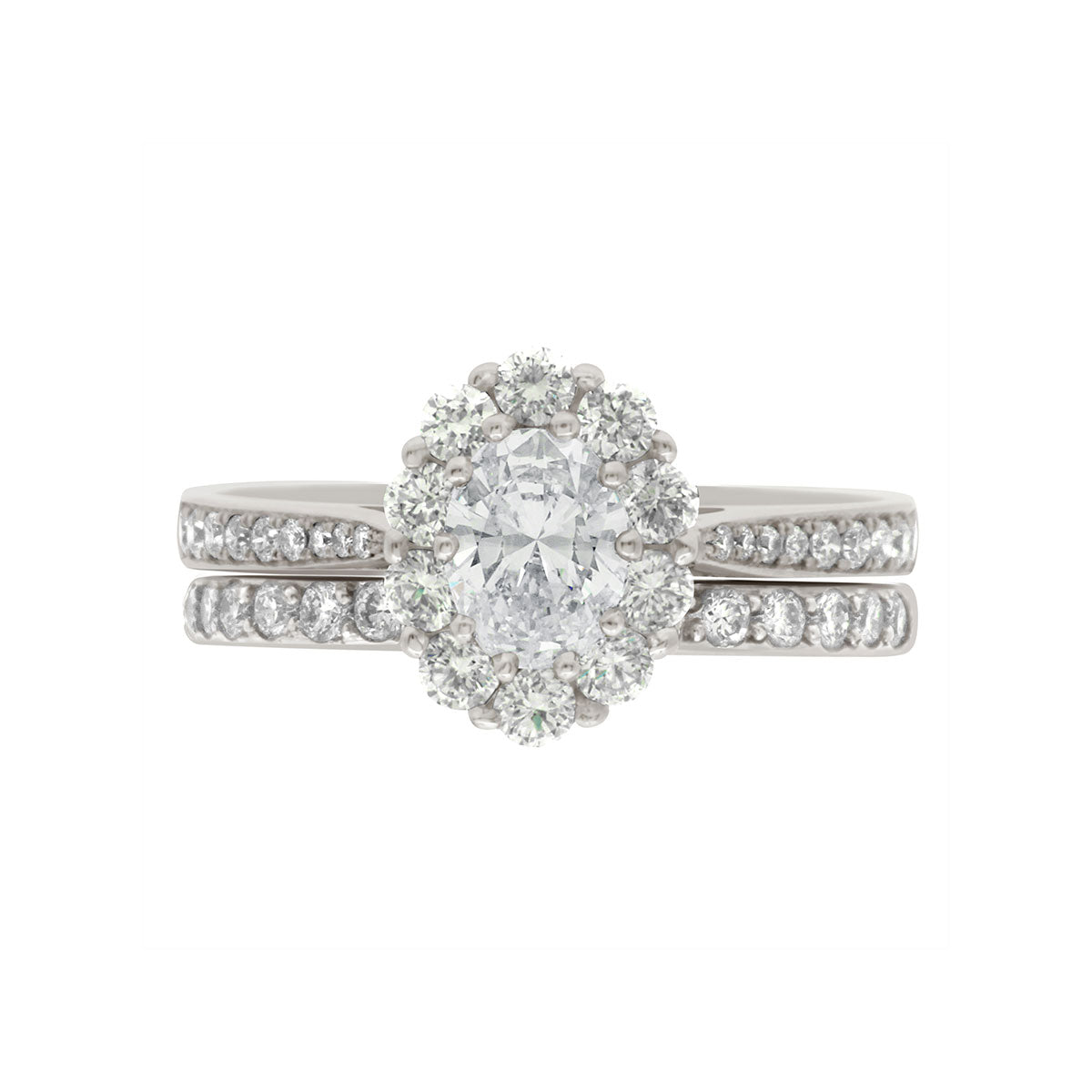 Cluster Engagement Ring with diamond shoulders in white gold with a matching diamond set wedding ring