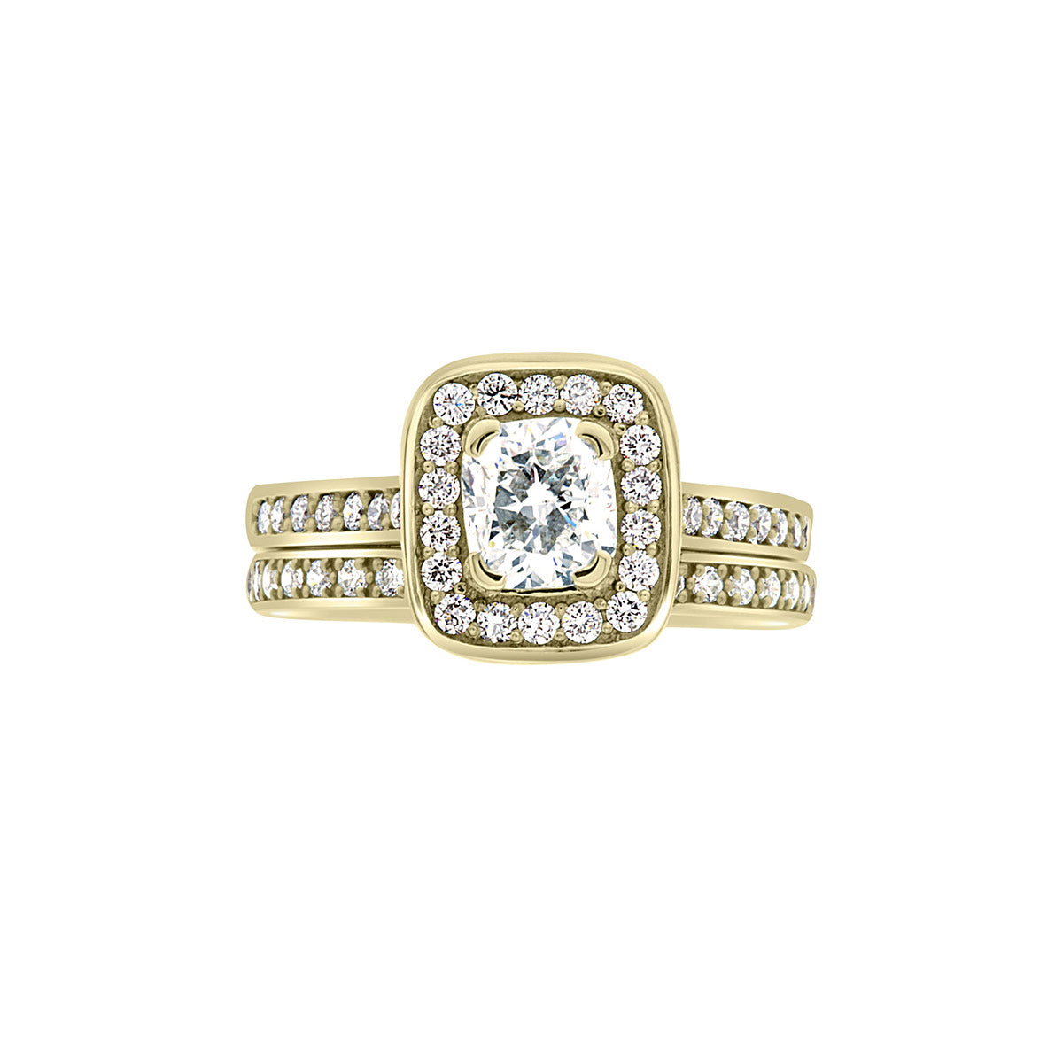 Cushion Cut Diamond Ring in yellow gold with a matching diamond set wedding ring