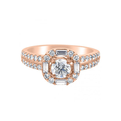 Baguette and Round Diamond Engagement Ring in rose gold