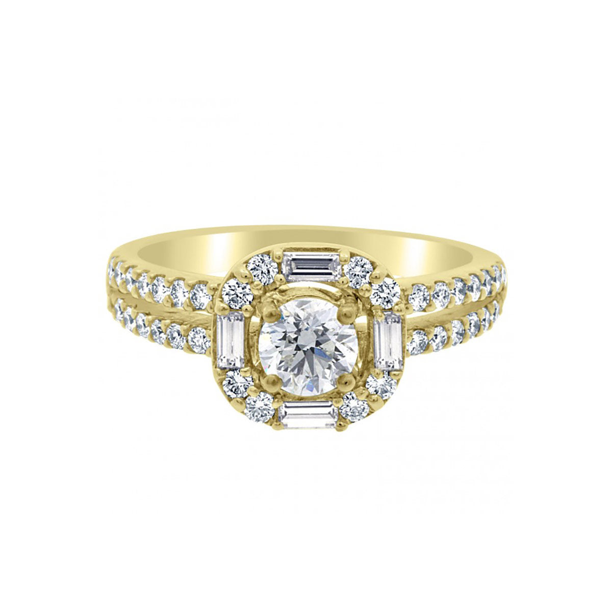 Baguette and Round Diamond Engagement Ring in yellow gold