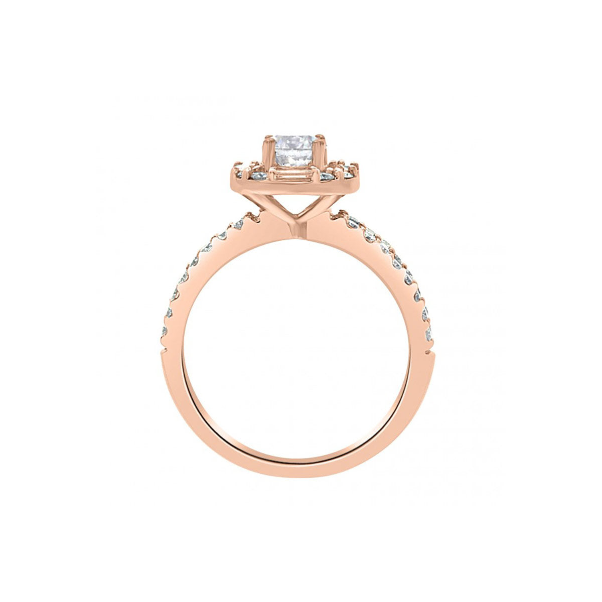 Baguette and Round Diamond Engagement Ring in rose gold standing vertical