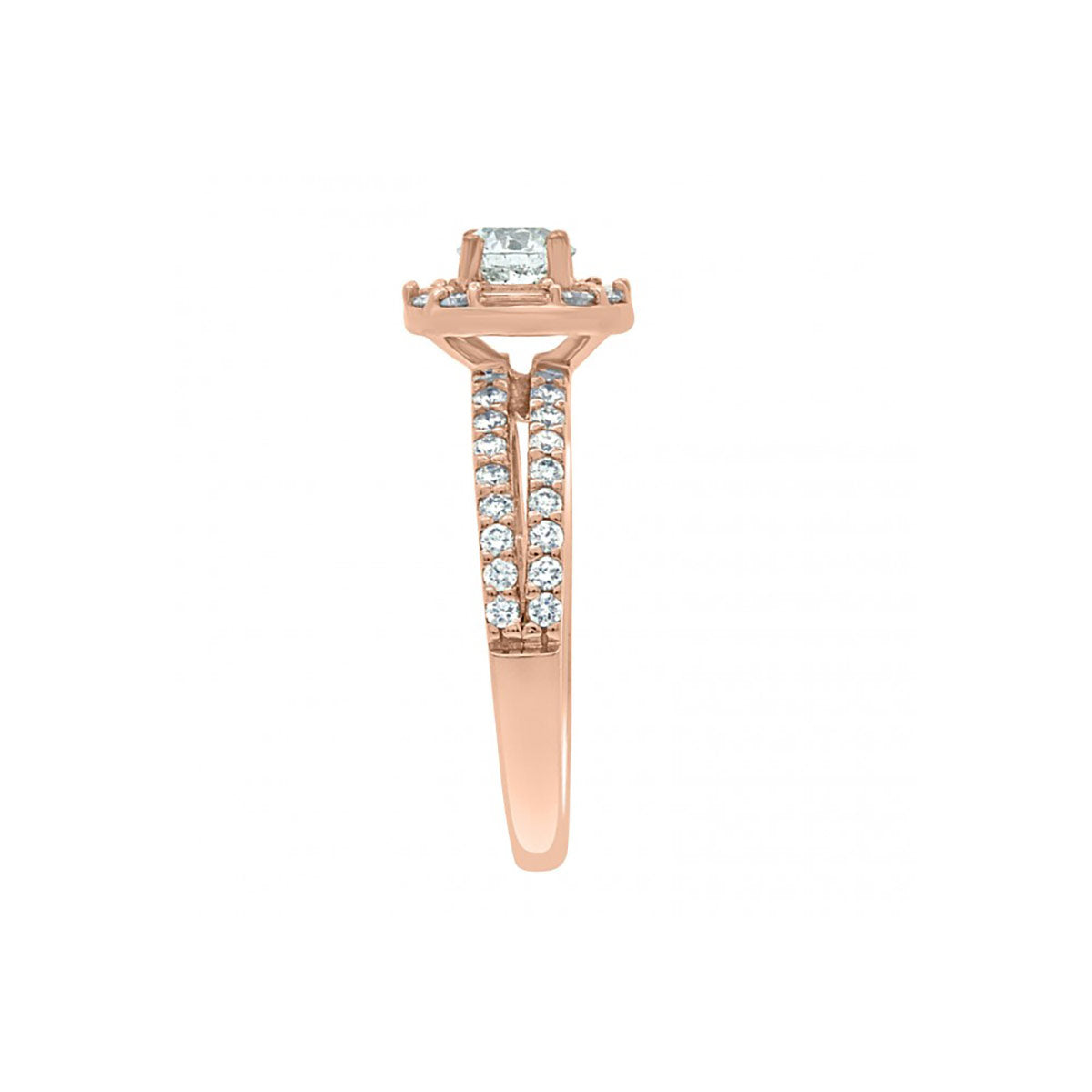 Baguette and Round Diamond Engagement Ring in rose gold pictured in an end view