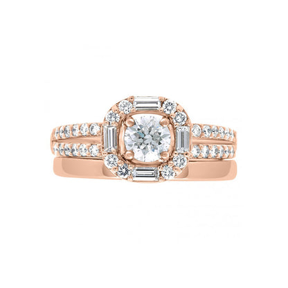 Baguette and Round Diamond Engagement Ring in rose gold pictured with a matching rose gold wedding ring