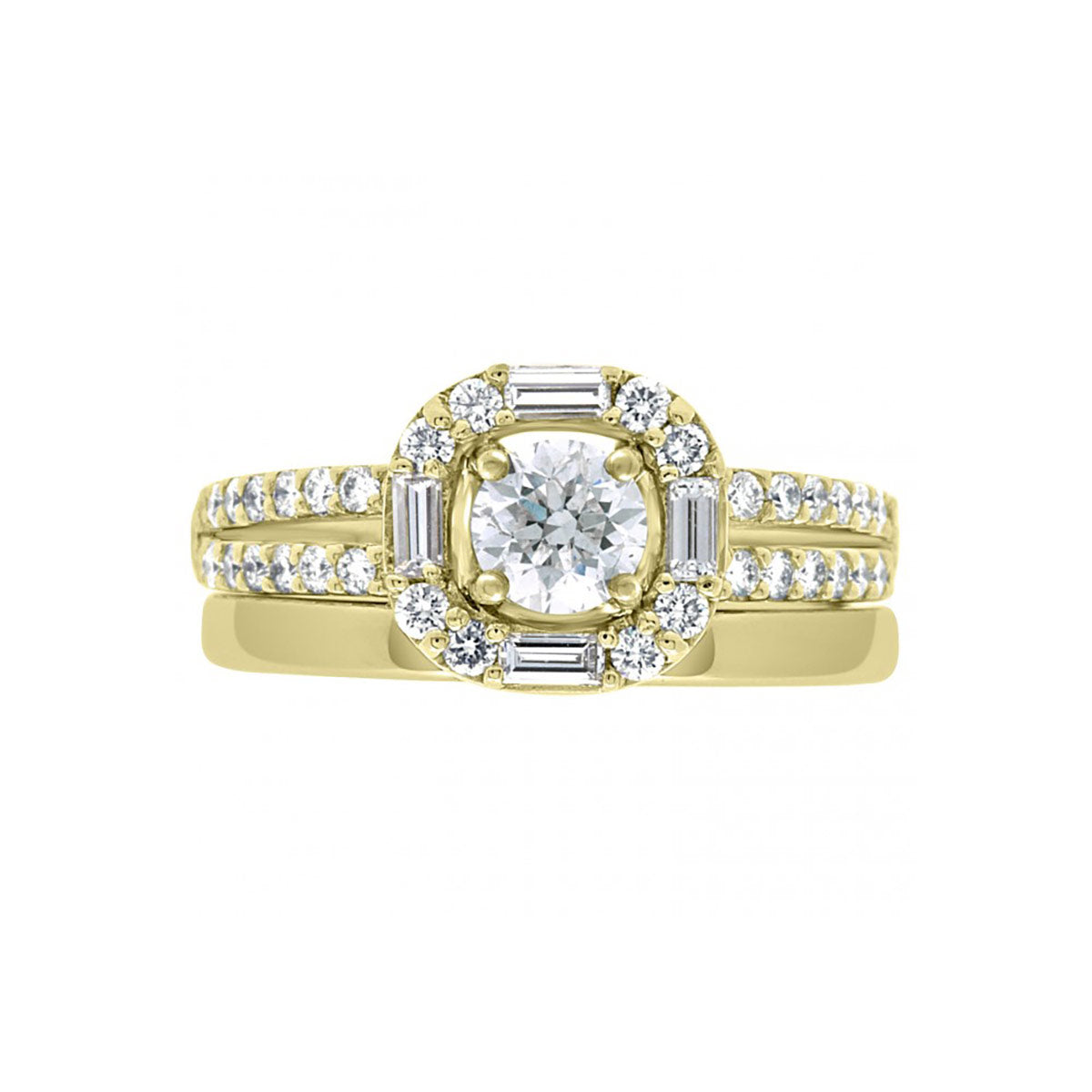 Baguette and Round Diamond Engagement Ring in yellow gold pictured with a plain gold wedding band