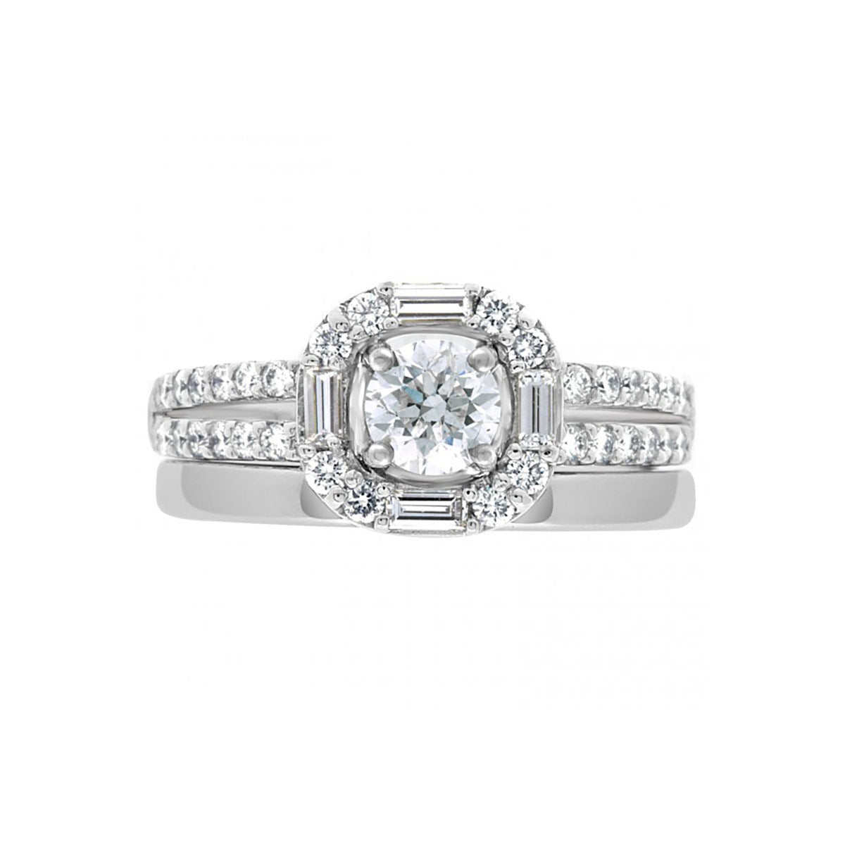 Baguette and Round Diamond Engagement Ring in white gold pictured with a wedding ring