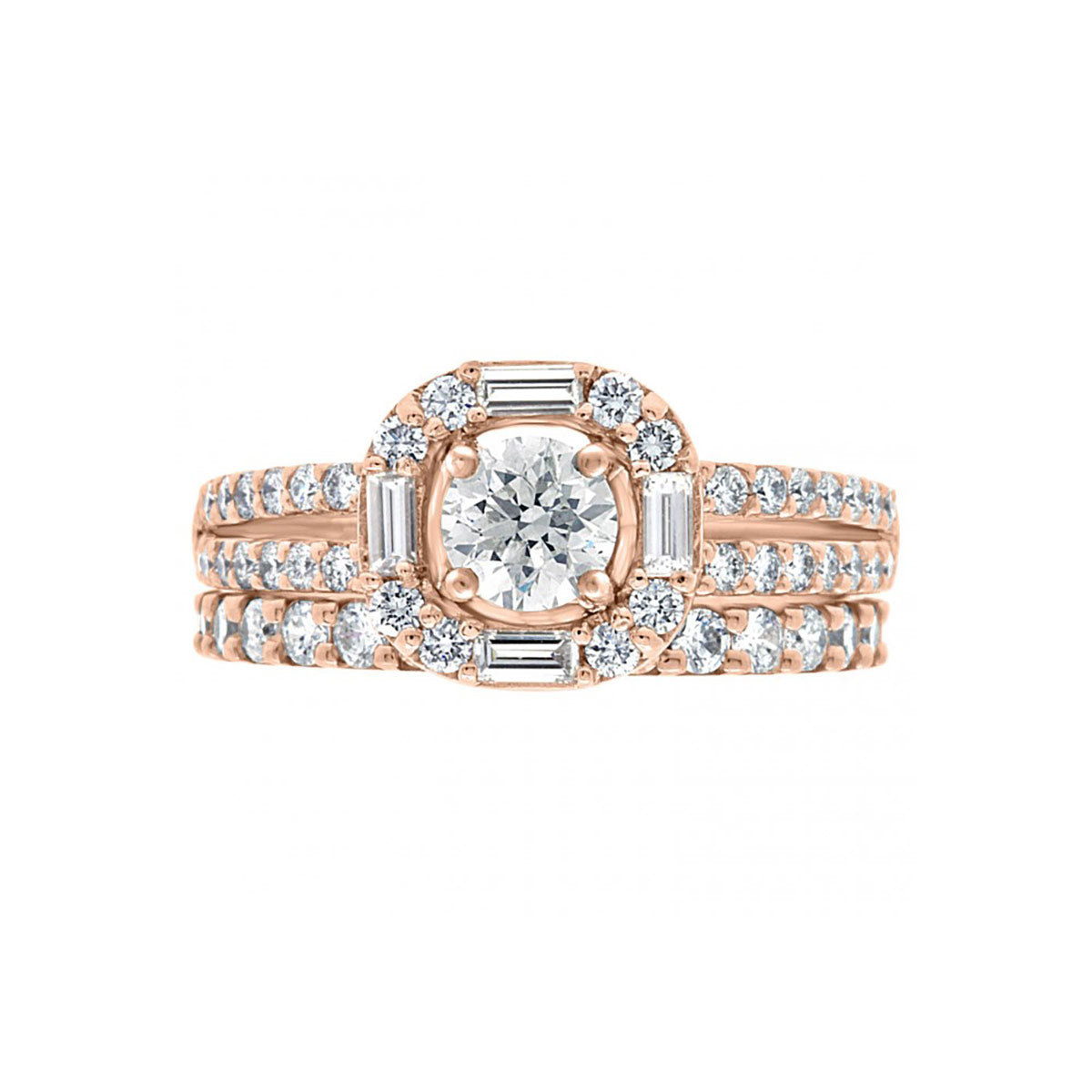 Baguette and Round Diamond Engagement Ring in rose gold pictured with a matching diamond wedding ring