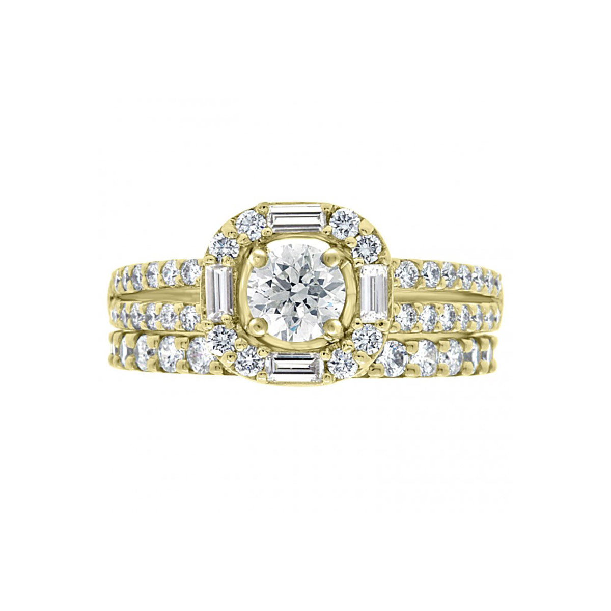 Baguette and Round Diamond Engagement Ring in yellow gold with a diamond wedding band